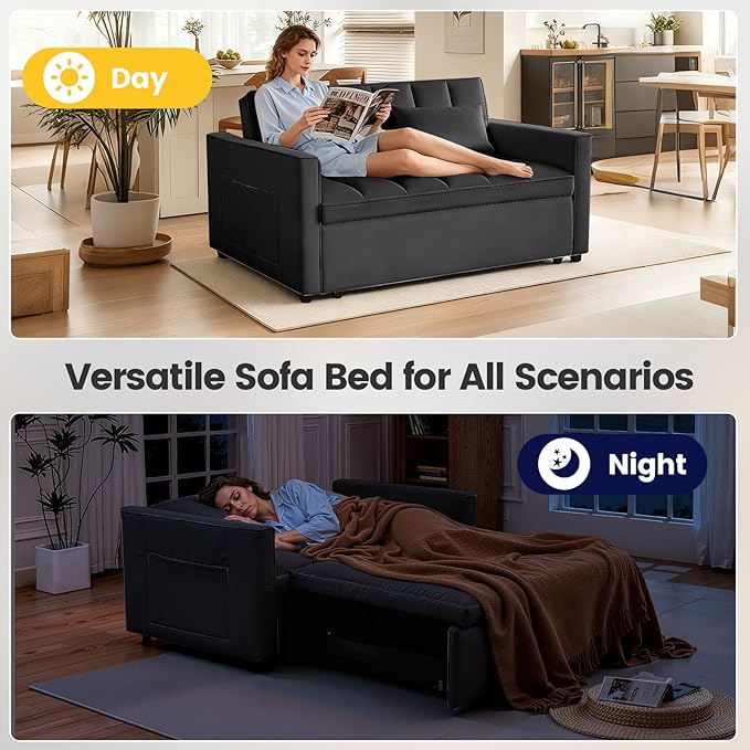 Pull Out Couch, Loveseat Sleeper Sofa Bed with Side Pockets, 3 in 1 Velvet Fabric Convertible Sofa Bed with Adjustable Backrest for Living Room, Bedroom, Apartment, Black