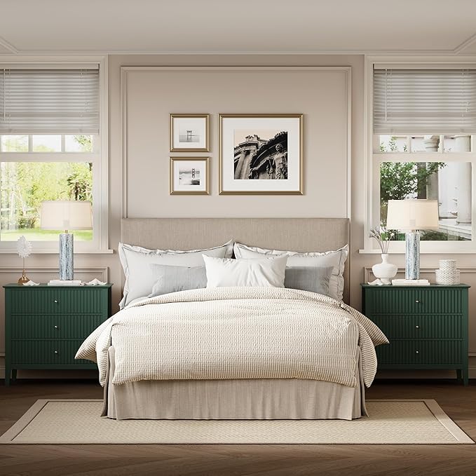 RoyalCraft 32" Large Nightstand, Fluted Painted Bedside Table with 3 Spacious Drawers, Modern Tall End Table for Bedroom, Dark Green