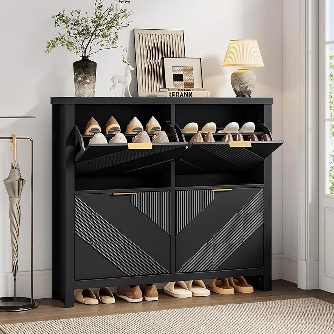 ONBRILL Shoe Cabinet with 4 Flip Drawers, 16-24 Pairs Shoe Organizer with Symmetric Groove Pattern, Freestanding Slim Hidden Shoe Storage Cabinet for Entryway, Hallway (Black)