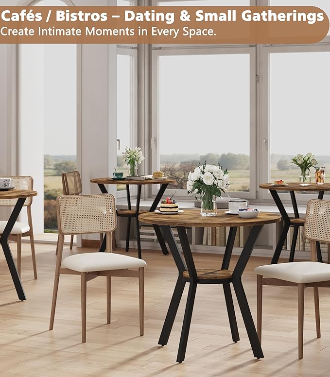 MECHYIN Round Kitchen Table for 2-4, Small Round Dining Table with Storage, Rustic Wood Circle Table with Metal Legs, Compact Dining Room Table for Kitchen, Cafe, Apartment and Small Space