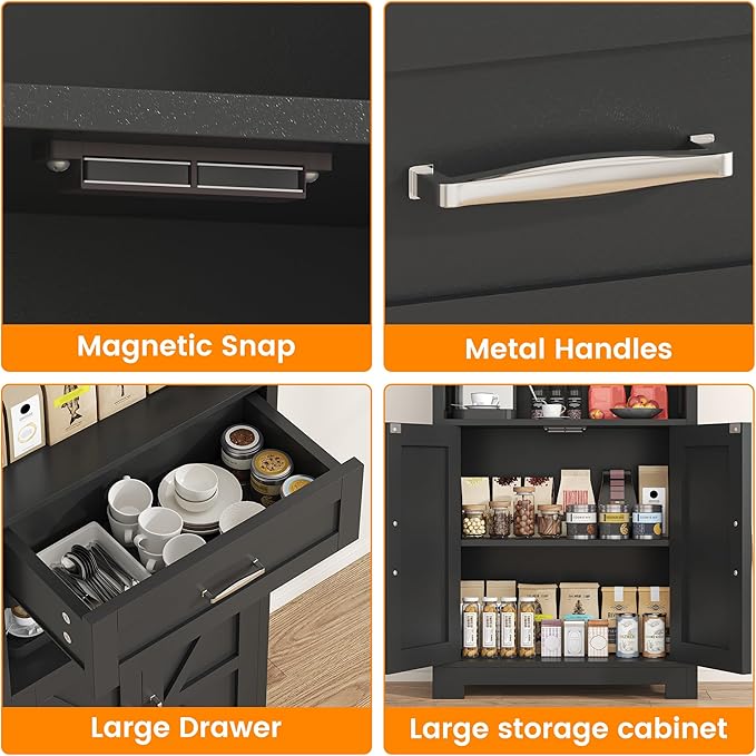 Saudism Farmhouse Black Storage Cabinet with Doors and Drawers, Freestanding Kitchen Pantry Cabinet, Floor Storage Cabinet Hutch Cupboard for Kitchen/Laundry/Living Room (Black)