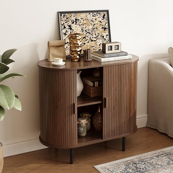 ONBRILL 31.5" Sideboard Buffet Cabinet with Storage, Storage Cabinet with Sliding Door & Adjustable Shelf, Modern Accent Coffee Bar Console Table for Kitchen, Entryway, Walnut