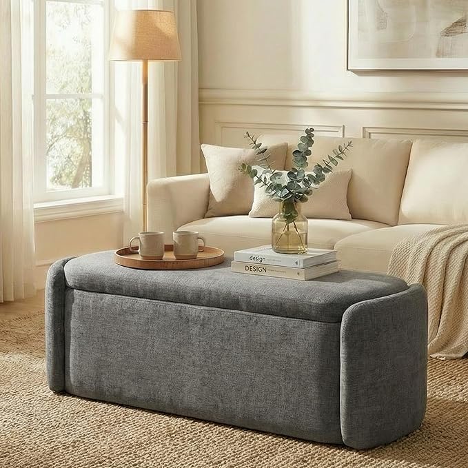 VKNOW 46" Oval Storage Ottoman Bench, Upholstered End of Bed Bench Ottomans Bench Foot Rest, Sherpa Storage Bench for Bedroom, Living Room and Hallway, Dark Grey
