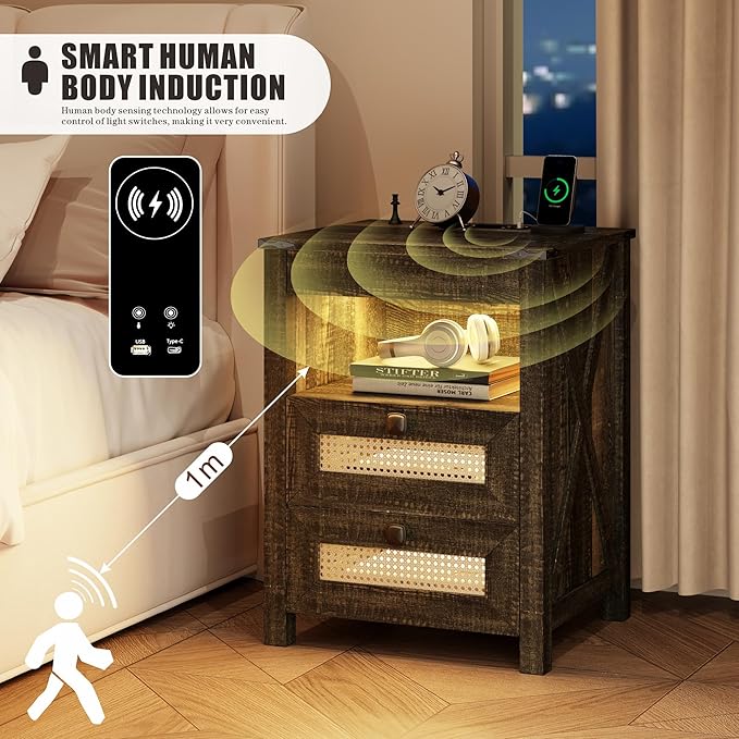 Night Stand with Gun Drawer, Bedside Table with Charger Station & LED Human Sensor Light, Gun Nightstand End Tables Bedroom Living Room, Rustic