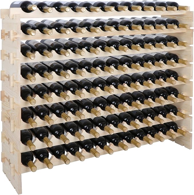 96 Bottle Modular Wine Rack Freestanding Floor Wine Holder, Stackable Wine Storage Rack Display Shelves, Solid Wood - Wobble-Free (96 Bottles)