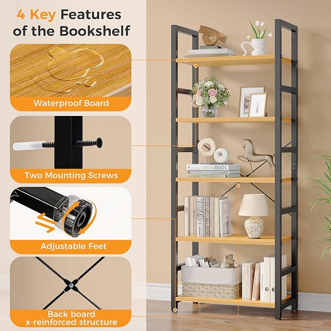 DUMOS 5-Tier Bookshelf, Modern Tall Bookcase, Open Storage Display Shelf for Living Room, Bedroom, Home Office, Narrow Standing Shelving Unit for Books, CDs, Décor,Wood