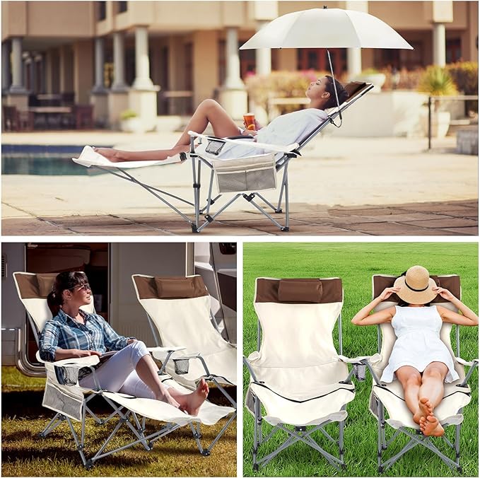 Yuntau 2 Set Reclining Beach Chairs with UPF 50+ Umbrellas Shade, Upgraded Heavy Duty Portable Folding Lounge Camping Chair with Canopy Removable Footrest & Headrest for Outdoor Patio(White)