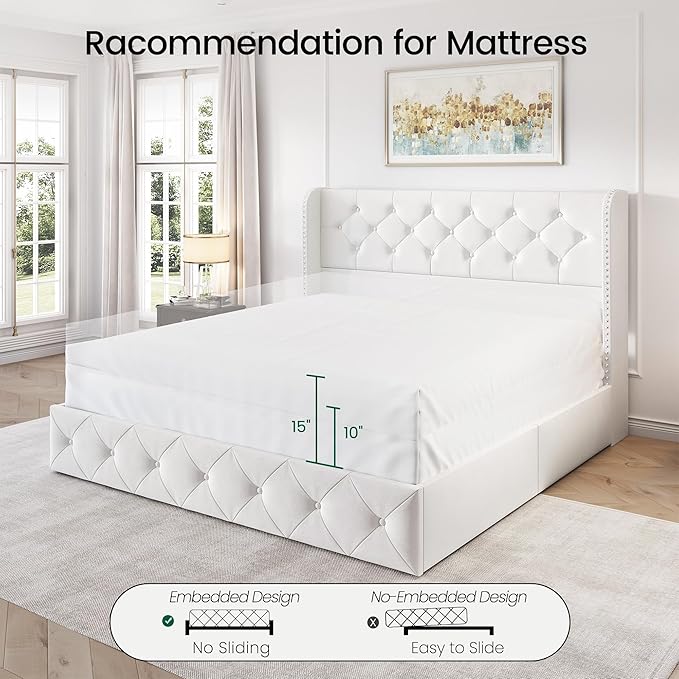 LARMACE Queen Size Bed Frame with 4 Storage Drawers and 47.2" Tall Wingback Headboard Velvet Upholstered Platform Bed Frame Tufted Beds with Wooden Slats Support, Easy Assembly, White