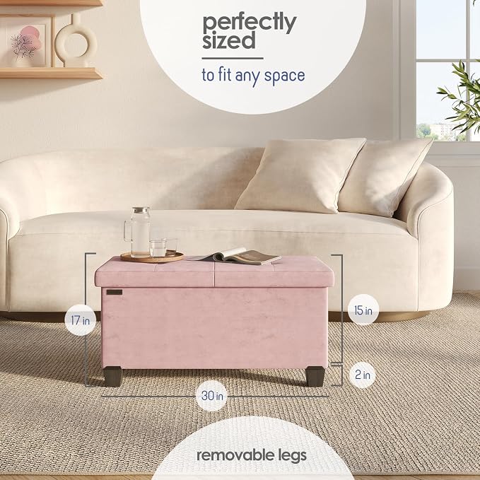 Storage Ottoman Bench with Bins, 30-in Storage Bench for Bedroom End of Bed, Folding Foot Rest Ottoman for Living Room Max 660lbs, Velvet Ottomans, Pink