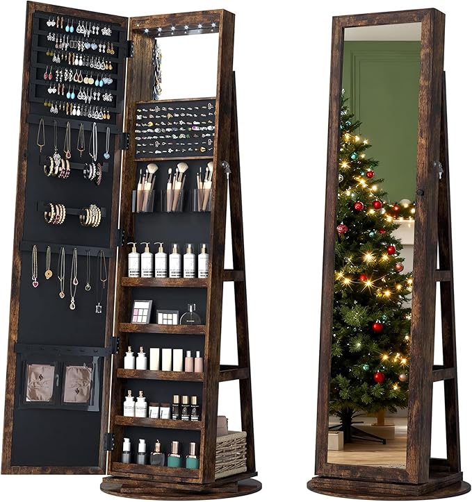 LVSOMT Mirror Jewelry Cabinet Standing, 360° Swivel Jewelry Armoire with 6 LED Lights and Interior Mirror, Full Length Mirror with Storage, Standing Lockable Jewelry Organizer, Retro Brown