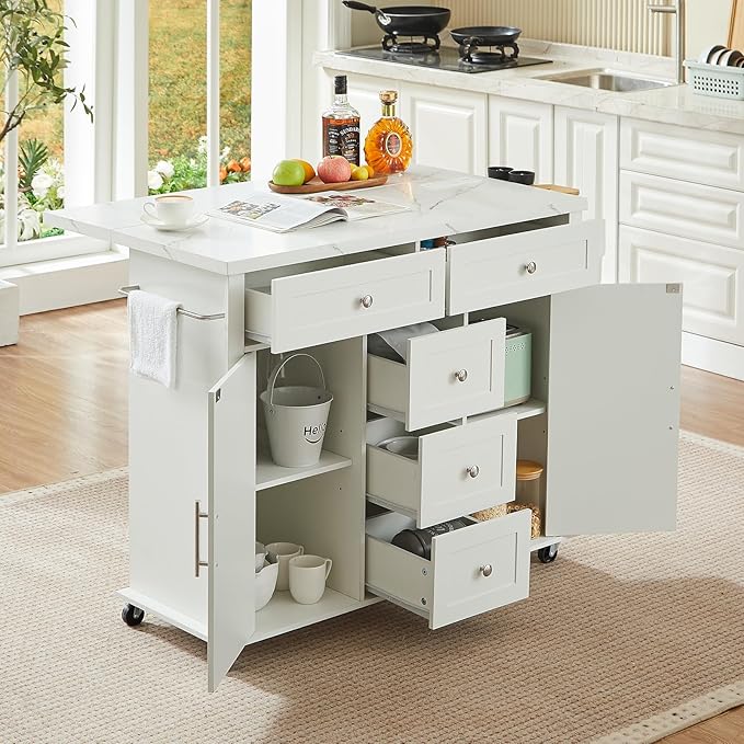 ONBRILL 47" Kitchen Island with 2 Storage Cabinets & 5 Drawers, Mobile Island Table for Kitchen with Imitation Marble Drop Leaf, Rolling Island Cart with Power Outlet & Spice Rack & Towel Rack, White