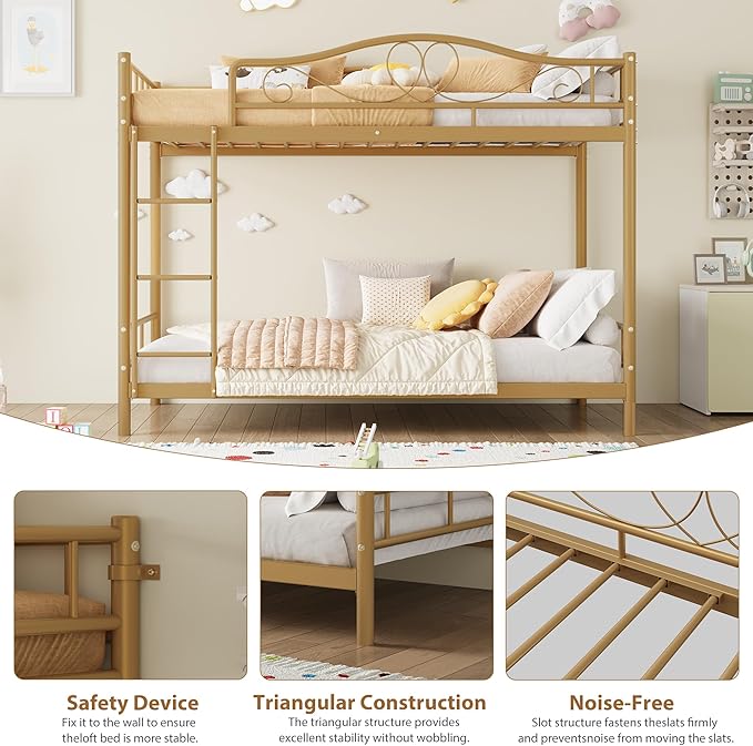 IDEALHOUSE Bunk Bed Twin Over Twin with Ladder & Full Safety Guardrail, Heavy Duty Metal Twin Over Twin Bunk Bed 400 Lbs Load Capacity, Space-Saving, Noise Free, No Box Spring Needed, Easy Assembly, G