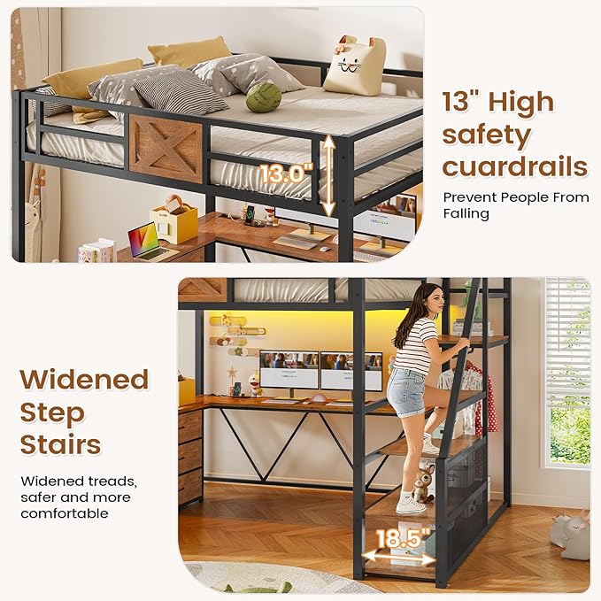 Itaar Full Size Loft Bed with Desk and Storage Stairs, Metal Loft Bed with 6 Storage Drawers, Hall Tree, LED Lights and Power Outlet, for Kids, Teens, Adults, Rustic Brown