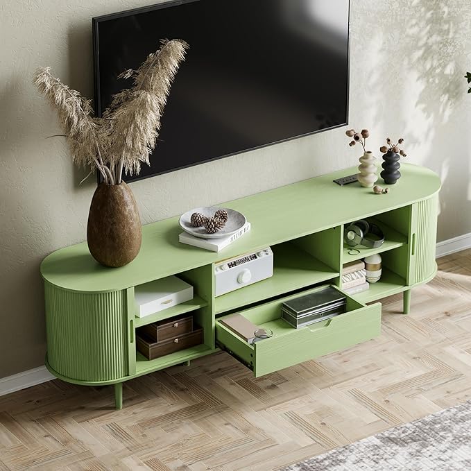 DHH 71" Fluted TV Stand with Power Outlet for TVs up to 80", TV Console with Adjustable Shelves and Sliding Door,Mid Century Modern Entertainment Center for Living Room,Bedroom (Green, 71Inch)