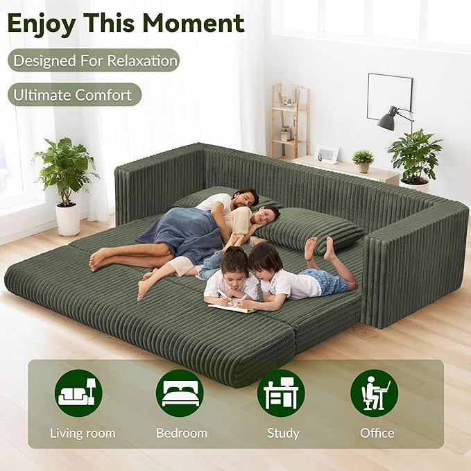 HABUTWAY 78" Loveseat Boneless Couch, 4-in-1 Convertible Sofa Bed, Plush Fur Folding Futon Sofa Bed Couches with 2 Pillows for Living Room, High-Density Foam Support, No Assembly Required, Green