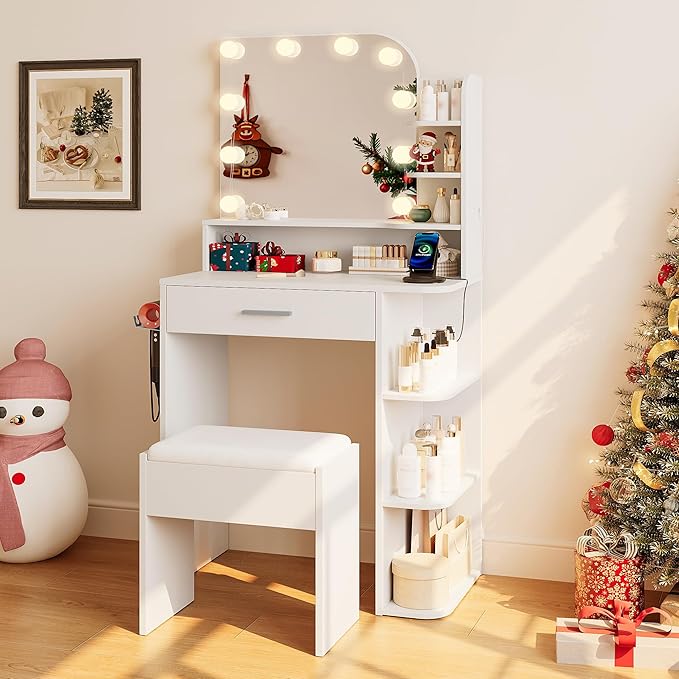 wanan Makeup Vanity with Chair, Small Vanity Desk with Mirror and Lights 3 Colors, Girls Vanity Set with Power Outlet, Compact Vanity Table for Small Space, White