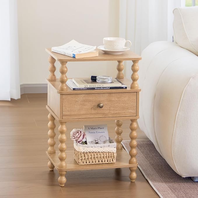 AWASEN Night Stand with Drawer, Bedside Table with Storage, 3-Tier Small Nightstand End Table for Bedroom with Solid Wood Spindle Legs, Rustic Walnut
