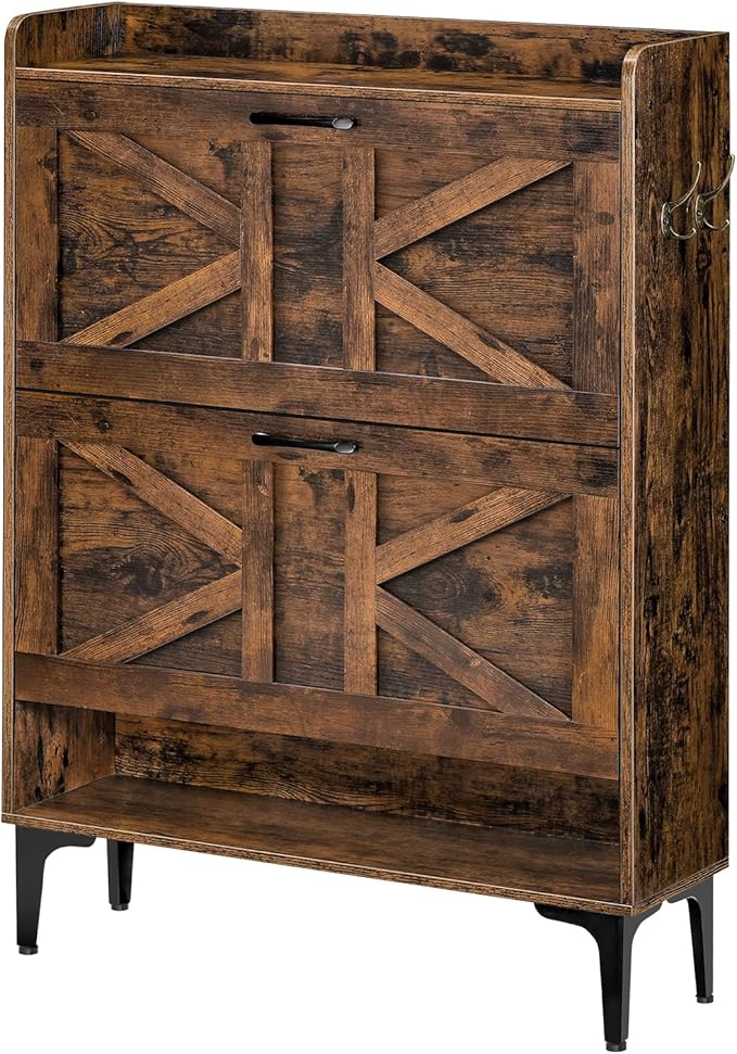 MAHANCRIS Shoe Storage Cabinet, Shoe Organizer with 2 Flip Drawers, Hidden Shoe Storage for Entryway, Freestanding Organizer with Open Storages, Rustic Brown SHHR9401N1