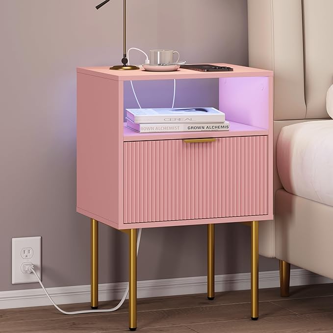 JOONEE Modern Nightstand with Charging Station and LED Lights, White Bedside Table with Drawer, Fluted Side Table for Living Room, Bedroom