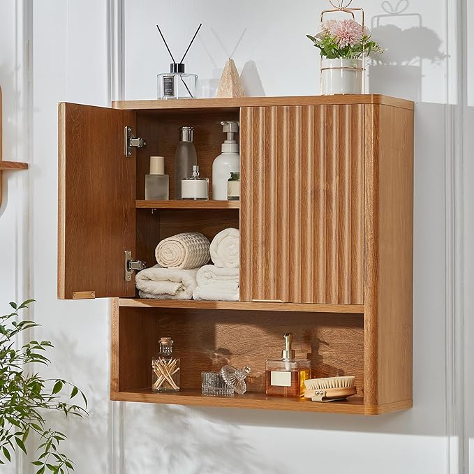 LEYAOYAO Fluted Bathroom Wall Cabinet, Wall-Mounted Medicine Cabinet with Adjustable Shelf and 2 Doors, Tea Brown Farmhouse Over the Toilet Storage Cabinets for Laundry Room, Kitchen, Living Room