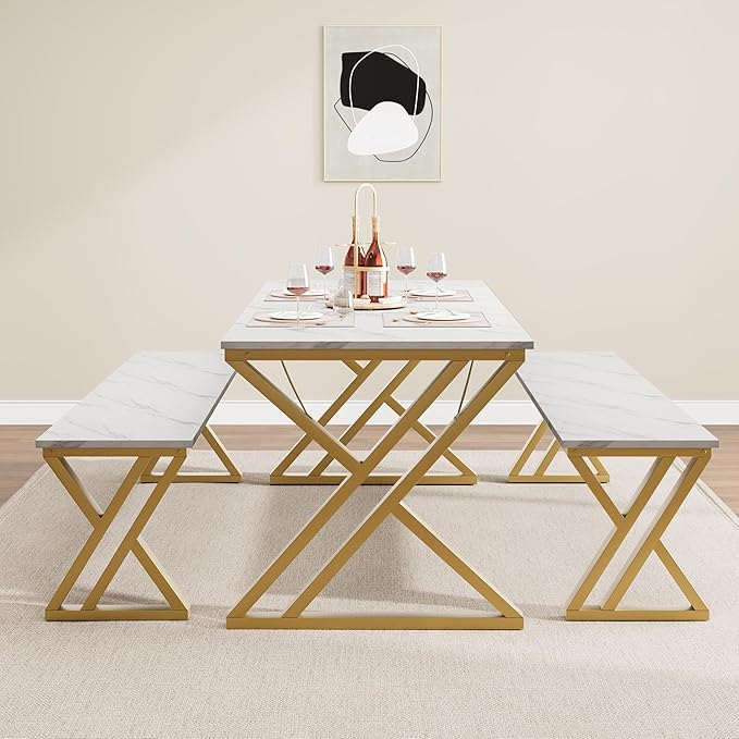 GarveeHome Kitchen Table with 2 Benches, Dining Table Set for 4 with Faux Marble Tabletop, Saving Space Dining Room Table Set for Kitchen, Dining Room, Apartment, Sturdy Metal Frame