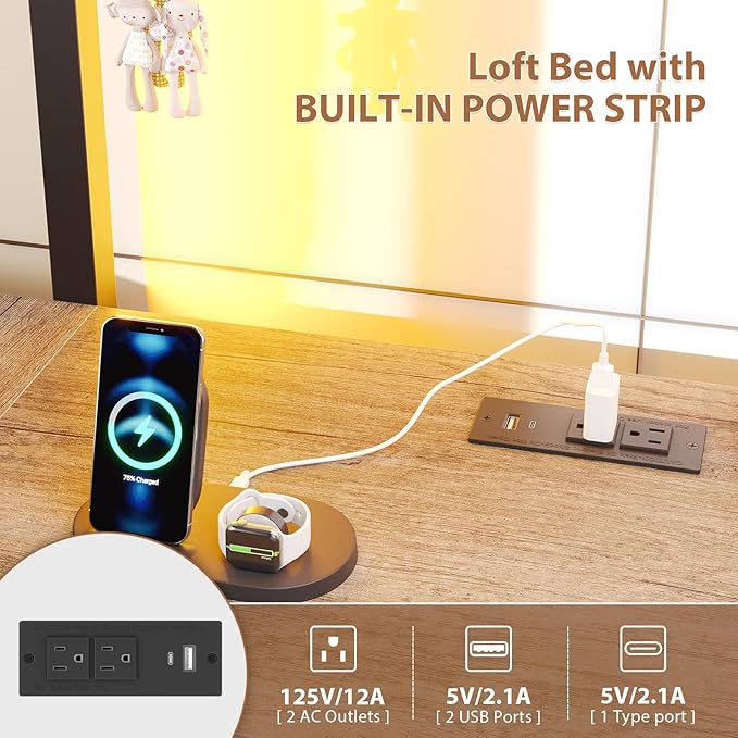 Dnxao Full Loft Bed with Desk and 5 Storage Drawers, Loft Bed Full Size with 1 Bedside Organizer,Removable Ladder, LED Lights and Charging Station,Clothes Rail,Safety Guard,Oak Gray