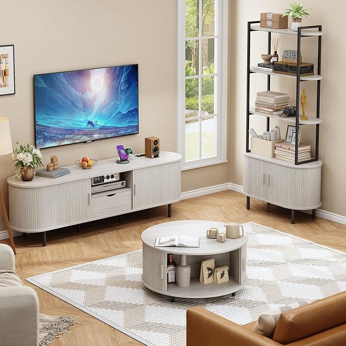 ONBRILL 69" TV Stand with Power Outlet for TVs up to 80", Entertainment Center with Storage and Drawer, TV Console with Adjustable Shelves and Sliding Door, TV Stand for Living Room, Natural White