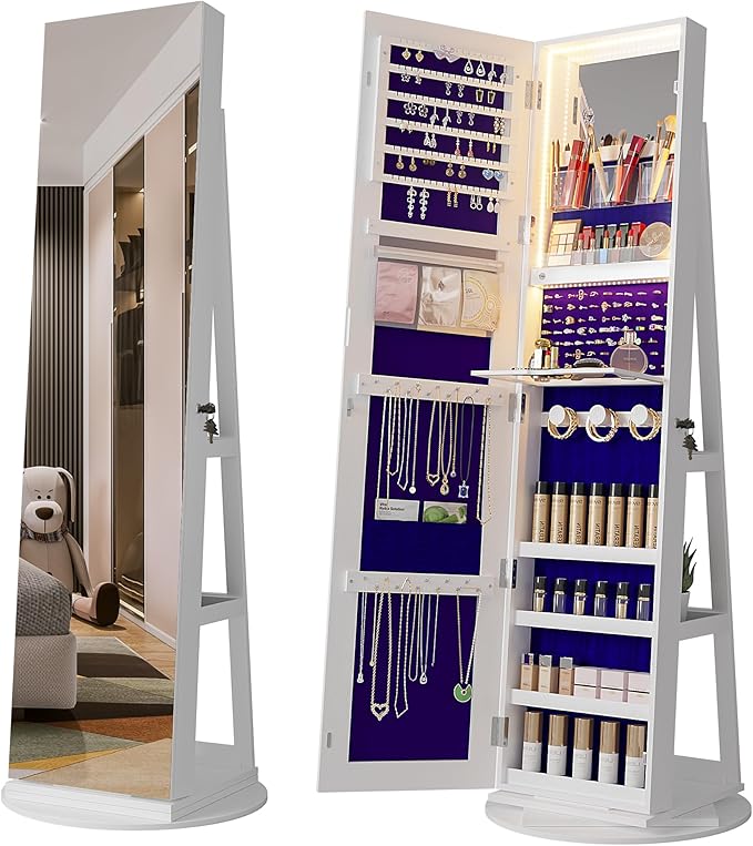 HNEBC LED Light Jewelry Organizer Mirror 360° Rotating, Jewelry Armoire with Door Mirror, Full Length Mirror Jewelry Cabinet, Mirror with Jewelry Storage, Large Jewelry Boxes & Organizers(B_White)