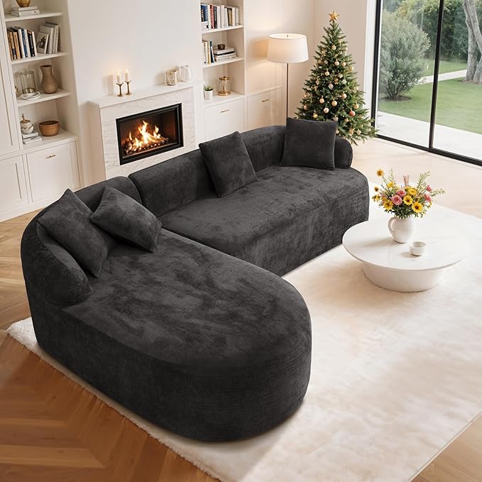 99" Curved Sectional Sofa with Chaise, Modern Boneless Couch with Deep Seat, L Shaped 3-Seater Cloud Couch for Living Room, No Assembly Needed, Chenille (Black, Left Chaise+Right Sofa)
