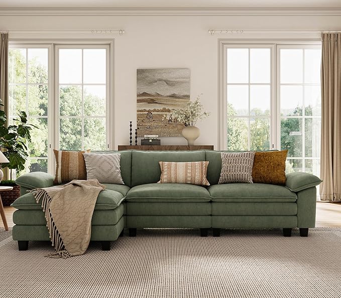 LINSY HOME 123" Modular L-Shaped Sectional Sofa, 3-Seat Corduroy Modern Cloud Couch with Deep Seat & 1 Movable Ottoman, Perfect for Living Room, Office, Bedroom, Green