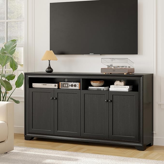 ONBRILL 60 Inches Sideboard Buffet Cabinet with Storage, 4 Doors Large Sideboard, Kitchen Cabinet with Open Shelf & Adjustable Shelf, Kitchen Coffee Bar Console Table for Living Room, Hallway, Black