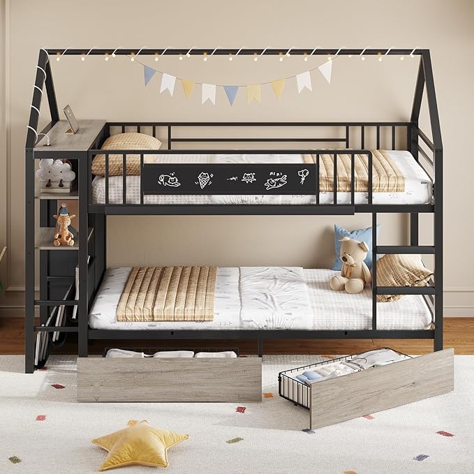 Twin Bunk Bed for Kids with 6 Storage Drawers, Montessori Bookshelf, House Shaped Bed with Globe String Lights and USB Ports, Metal Low Bunk Bed Twin Over Twin with Safety Guardrail and Ladder, Black