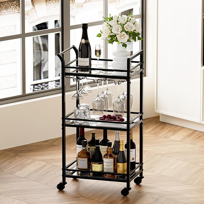 Black Small Bar Cart with 3-Tier Mirrored Shelf, Glass Holders for Kitchen, Dining Room, Living Room - Drink Cart on Wheels with Wine Glass Rack