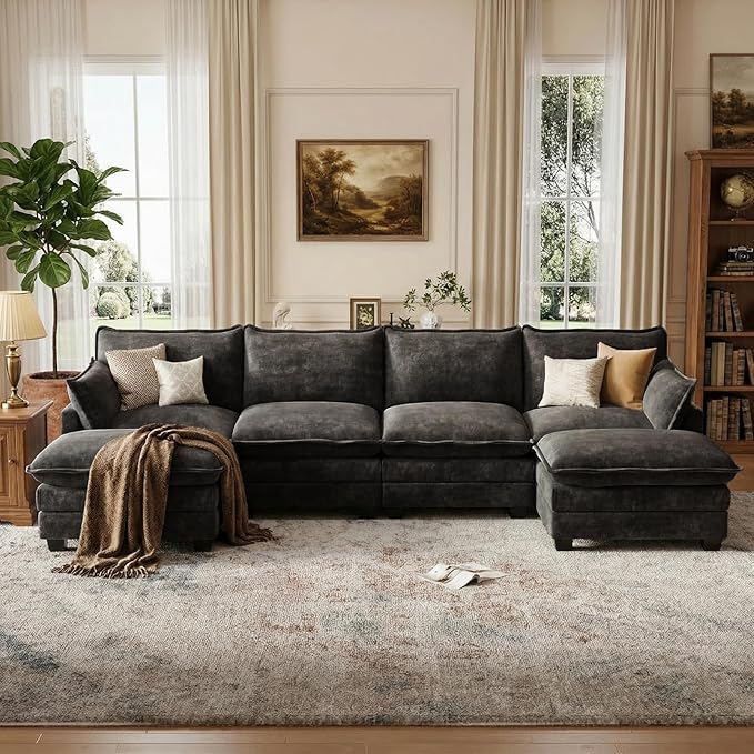 U Shaped Modular Sectional Sofa, Cloud Couch with Movable Ottoman, Comfy Chenille Sofa with Pillows for Living Room, Bedroom, Apartment, Black