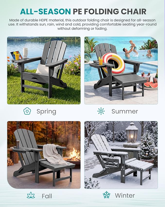 SERWALL Folding Adjustable Adirondack Chairs with Footrest Set of 2, HDPE Outdoor Chair with 4-in-1 Cup Holders, All Weather Adirondack Chair with Ottoman, Gray