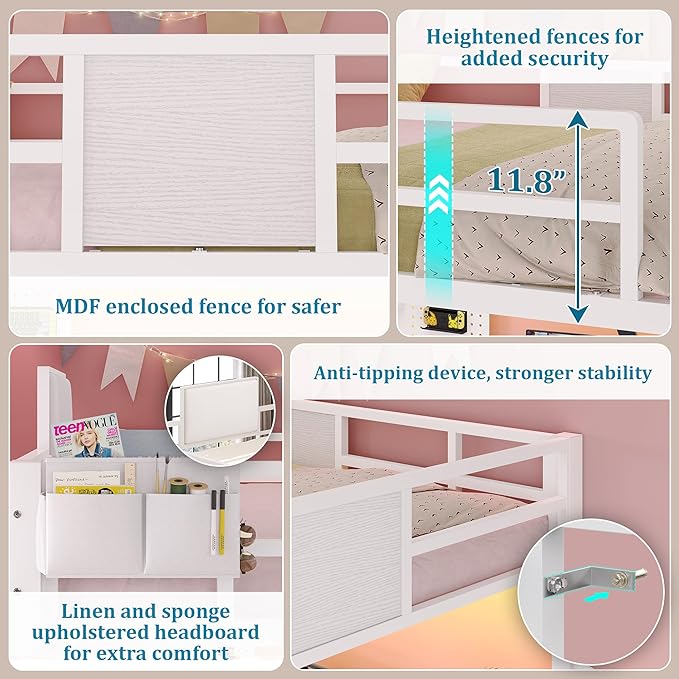Loft Bed with Desk,Full Size Loft bed with 5 Drawers & 3 Open Shelves and & Clothing Rack,Loft Bed Full Size with Charging Station &LED Light & Thickened Tread Stairs for Adults/Kids/Young Teens,White