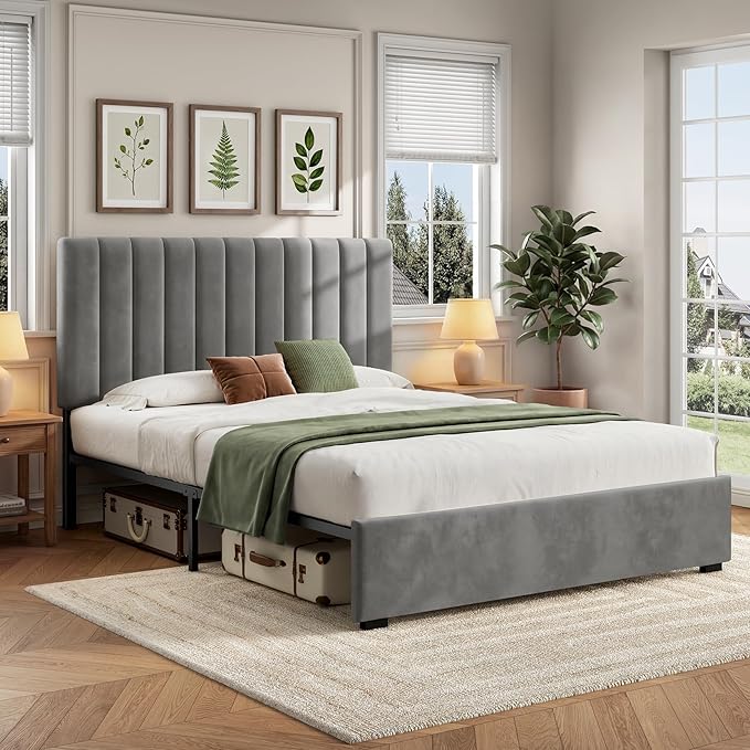 Welzona Upholstered Bed Frame Queen Size with Headboard, Fully Velvet Metal Platform Bed with Vertical Channel Tufted Headboard, 3-Level Height, Metal Slat Support, Noise-Free Easy Assembly, Grey