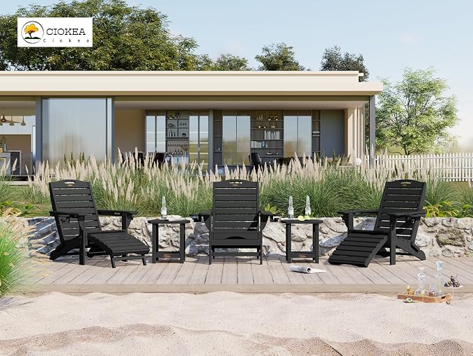 Ciokea Folding Adirondack Chair Set of 6 with Retractable Ottoman Fire Pit Patio Chair with Pull Out Foot Rest Weather Resistant Lawn Outdoor Chair with 2 Cup Holder(Black)