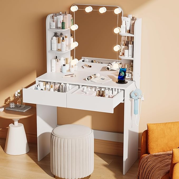 wanan Vanity Desk with Mirror and Lights 3 Colors, Girls Vanity Set with Power Outlet, Compact Vanity Table for Small Space, White Vanity Desk only