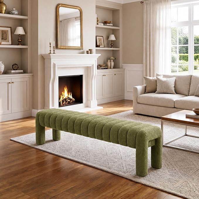 63’’ Bedroom Bench, Upholstered End of Bed Bench with Solid Wood Legs, Modern Cushioned Dining Bench with Full Covered Fabrics for Entryway, Bedroom, Living Room (Green, Boucle)
