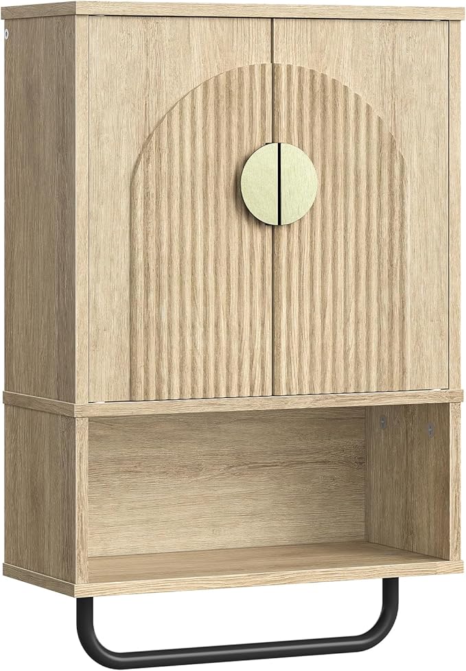 CHOEZON Bathroom Wall Cabinet, Medicine Cabinet for Bathroom, Wall Mounted Bathroom Cabinet with Towel Bar, Fluted Doors, Wall Cabinet for Bathroom, Kitchen, Living Room, Natural Oak and Gold