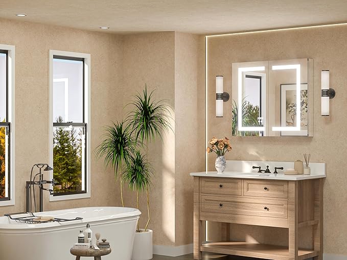 TETOTE LED Lighted Medicine Cabinet with Lights 30 x 26 Recessed or Surface Mount Cabinet Mirror for Bathroom Wall, 2 Door Tempered Glass Led Vanity Cabinet, Outlets & USB, 3-Color Dimming, Anti-Fog