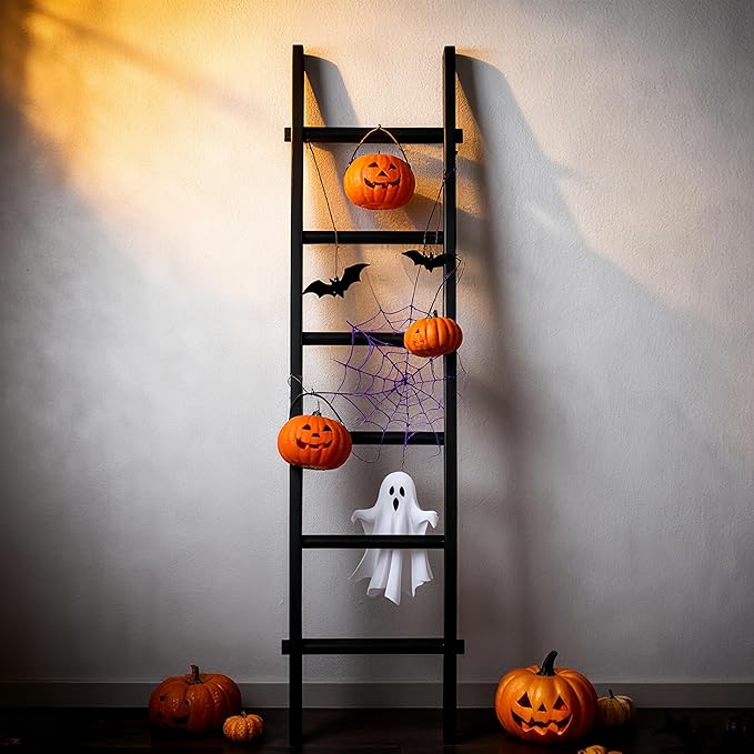 Wooden Blanket Ladder - Natural & Motley Wood - Leaning Wall Decor for Bedroom, Bathroom, Living Room - Rustic Quilt Holder & Towel Rack (Black Wood Color, 76in(6-Tier))