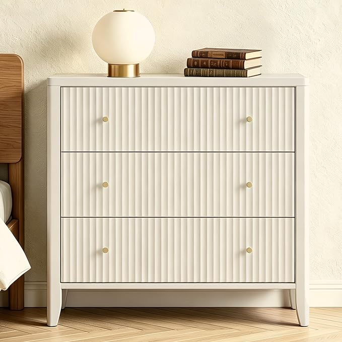 Fatmok Fluted 3 Drawer Dresser for Bedroom Set of 2, 34" Wide Chest of Drawers, Modern Wood Nightstand End Table with Metal Handles, Striped Storage Cabinet for Living Room, Hallway, Alabaster White