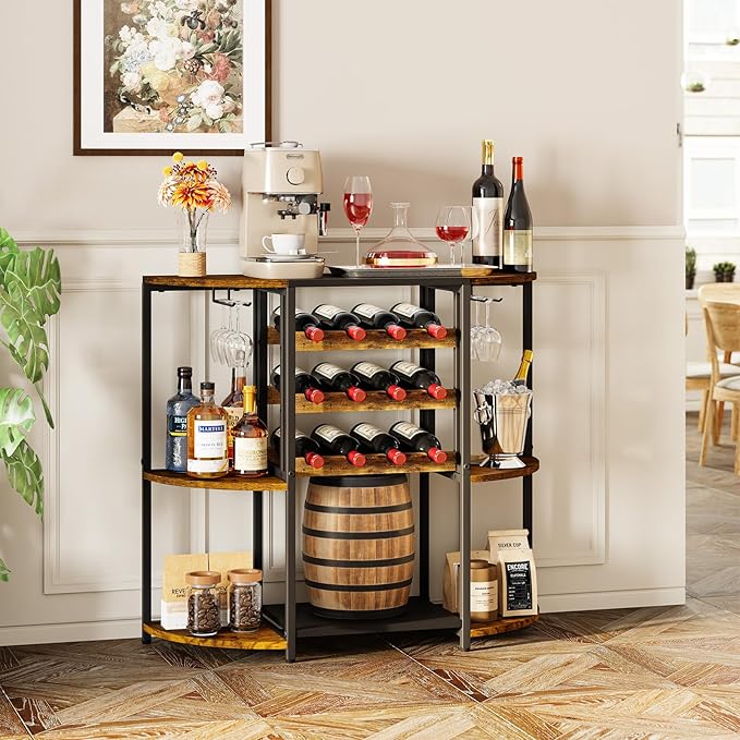 JKsmart Small Wine Bar Cart with LED Lights, Mini Wine Rack with Storage and Glass Holder, Home Bar Cart for Liquor, 3-Tier Bar Table for Kitchen, Dining Room, Living Room, Rustic Brown