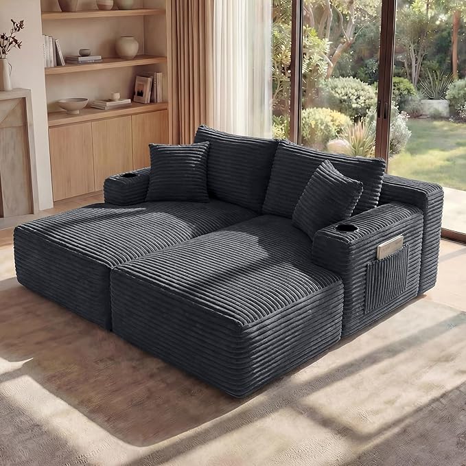 125 Inch Modular Sectional Sofa, Cloud Couch Oversized U Shaped Corduroy Sofa with Storage & Cupholders, Modern Deep Seat Boneless Couches for Living Room, No Assembly Required, Dark Grey