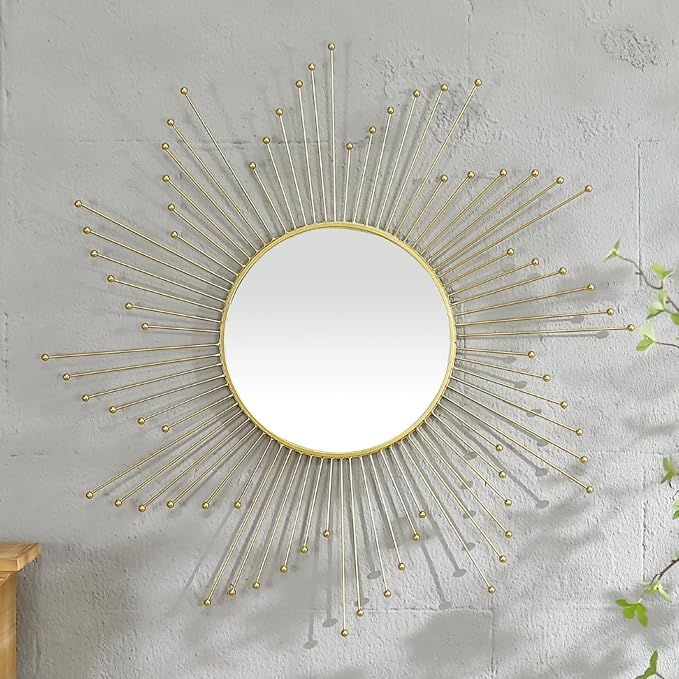 Large Gold Sunburst Mirror - 31" Starburst Wall Mirror with 12" Round Glass, Mid-Century Modern Elegant Gold Sun Mirrors for Living Room, Bedroom, Entryway Decor