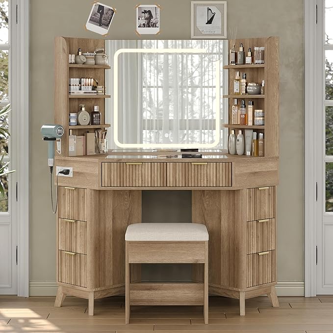 Yanosaku Corner Vanity Desk with Mirror and Lights, 8 Drawers & 6 Shelves, 47” Fluted Vanity with Charging Station, Glass Top, 3 Color Lighting Modes, Makeup Vanity with Chair for Bedroom, Oak