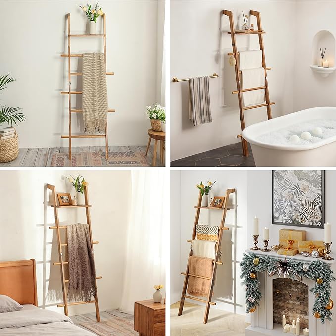 ZUNTO Blanket Ladder with Top Shelf for The Living Room - 67in Decorative Wooden Blanket Holder, 5 Tier with Side Hooks for Hanging - Rustic Farmhouse Towel Throw Ladder Rack for Organize and Display