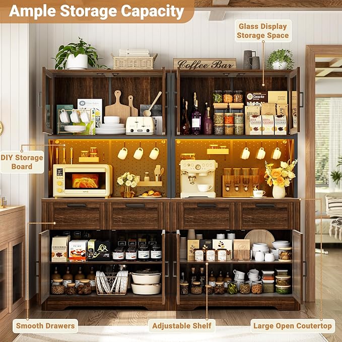 Unikito 71" Tall Kitchen Pantry Storage Cabinet with LED Light & Outlet, 63" Wide Kitchen Hutch Cabinet with Large Countertop, DIY Pegboard and Drawers, Food Pantry for Living Room,Weathered Brown